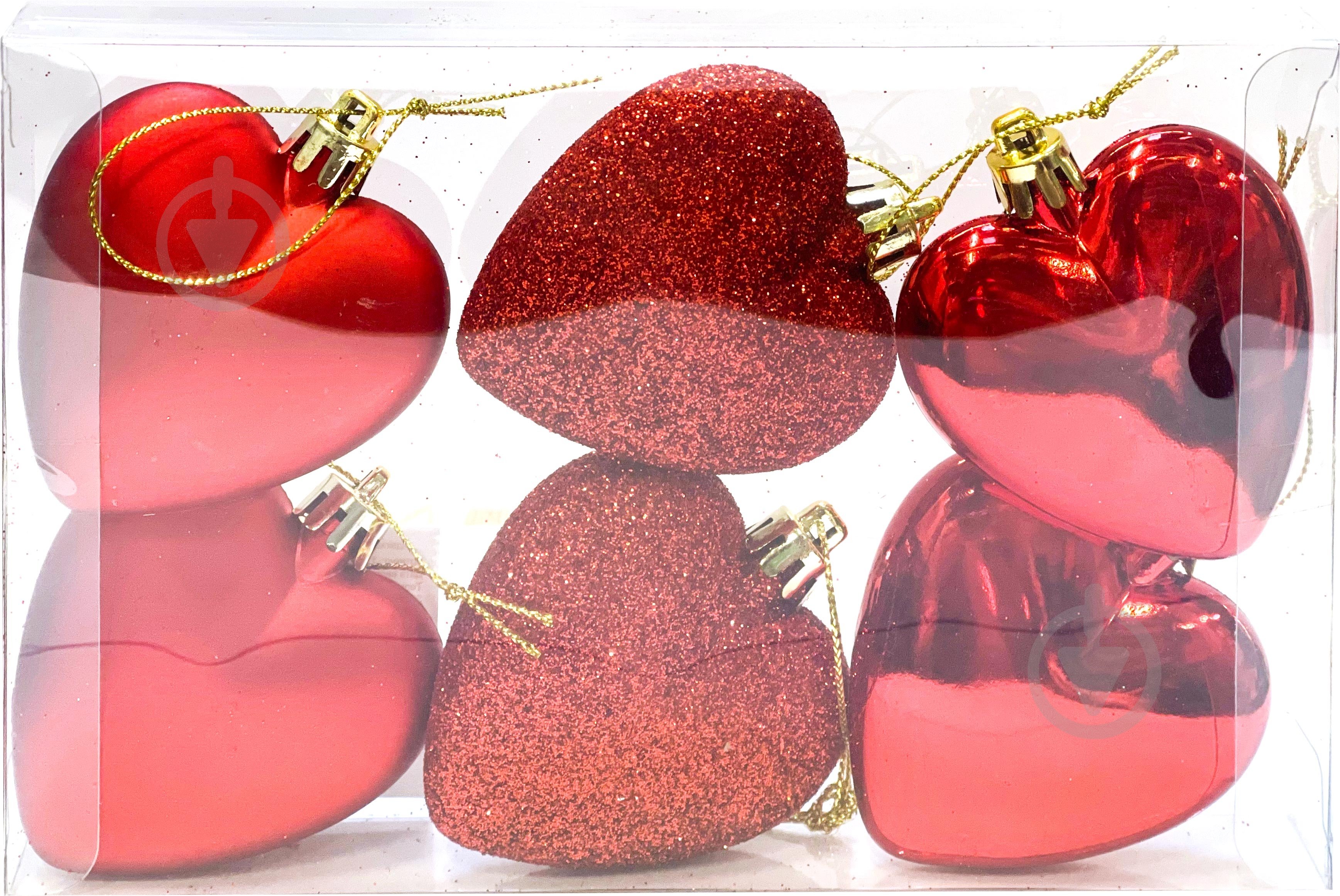 Набір ялинкових іграшок Серце в асортименті 6 см 6 шт./уп. - фото 1