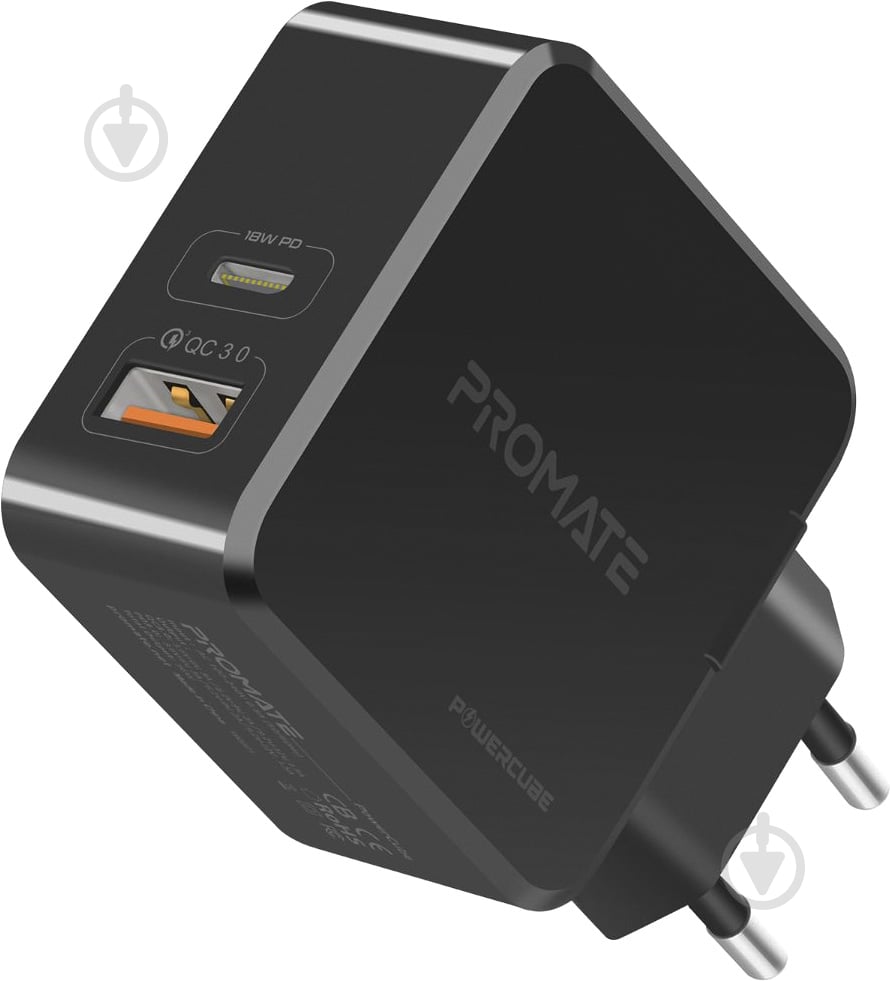 Зарядное устройство Promate PowerCube 36Вт Type-C PD + USB QC3.0 Black - фото 1