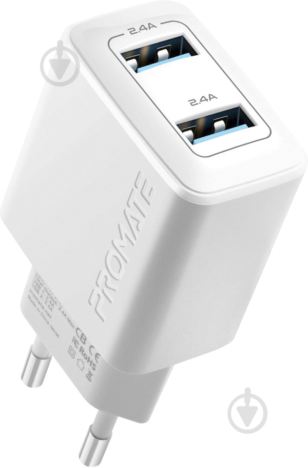 Зарядное устройство Promate BiPlug 12 Вт 2 USB White - фото 1