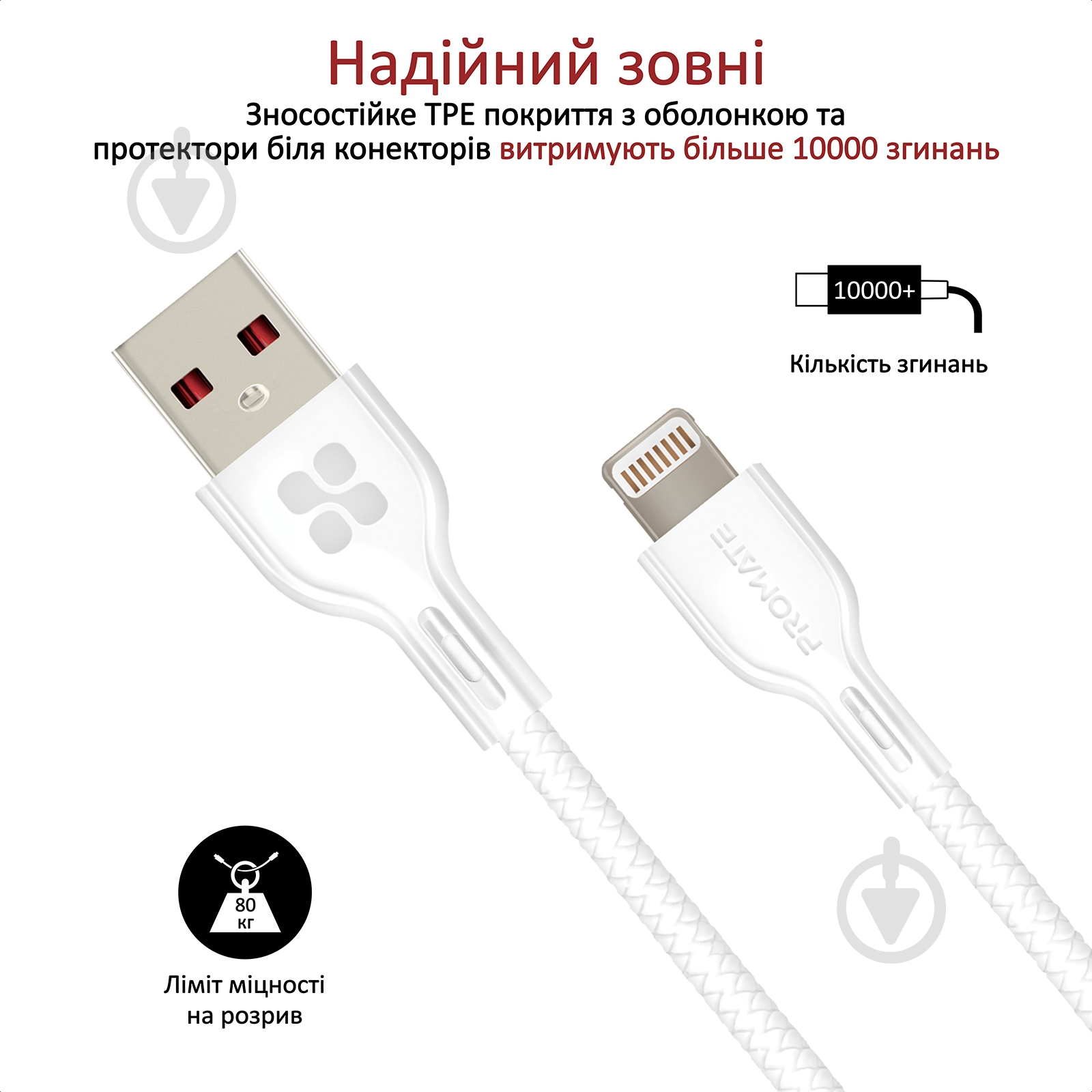 Кабель Promate PowerBeam-25i USB-Lightning 2.4А 0,25 м белый (powerbeam-25i.white) - фото 4