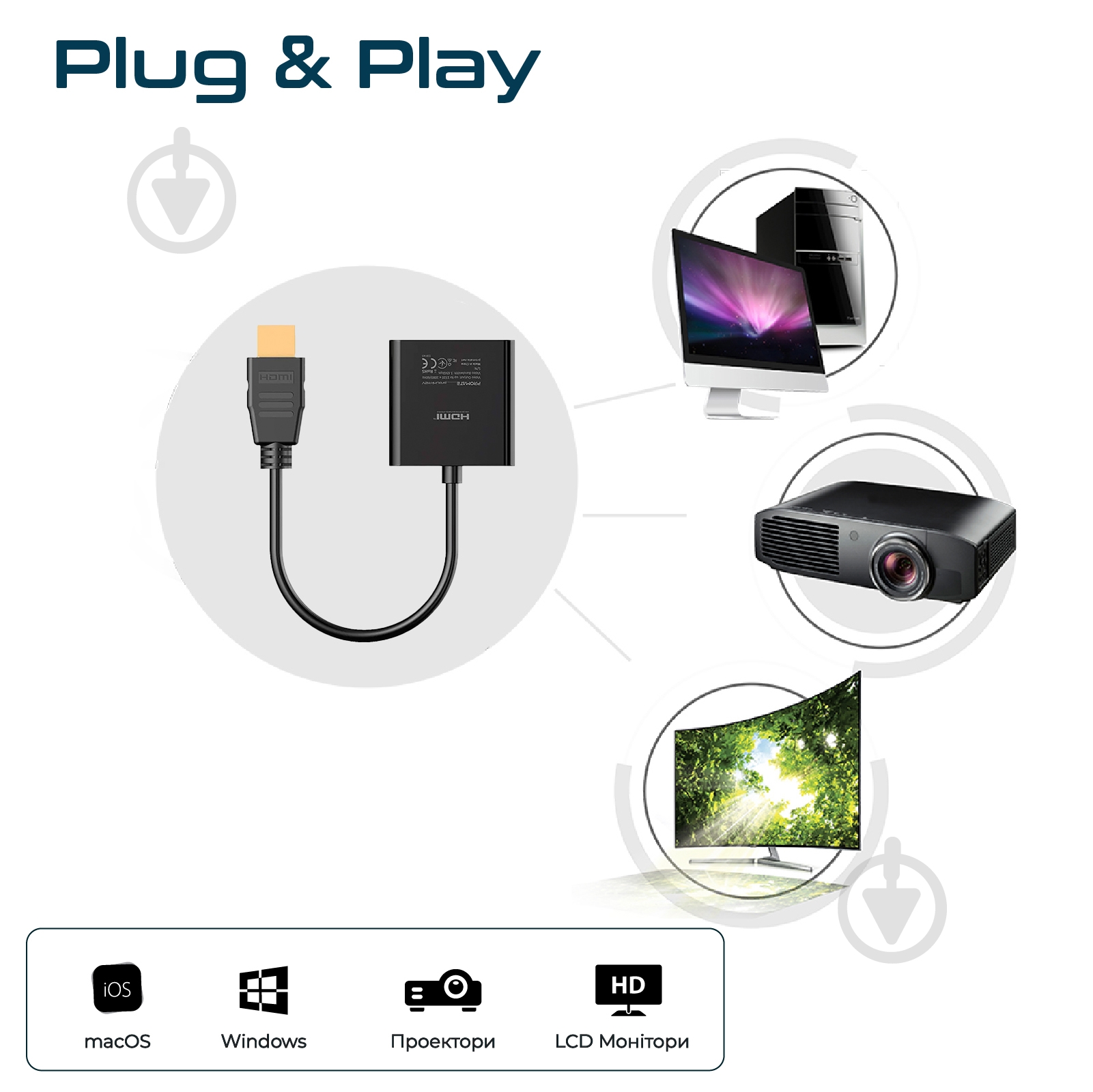 Переходник Promate ProLink-H2V HDMI-VGA 0,2 м черный (prolink-h2v.black) - фото 6