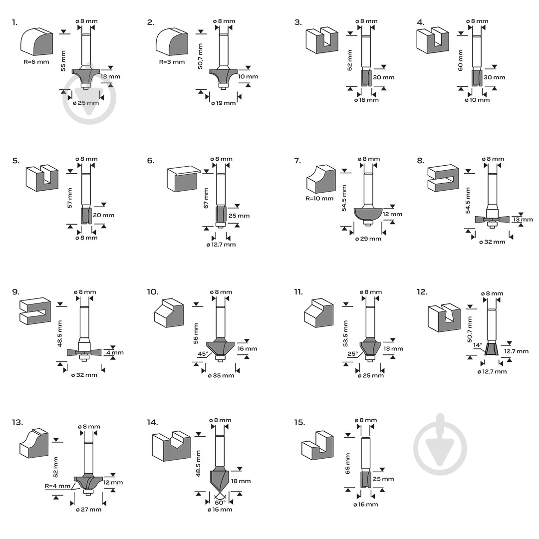 Набор фрез фасочная NEO tools Widia 15 шт. 56-241 - фото 3