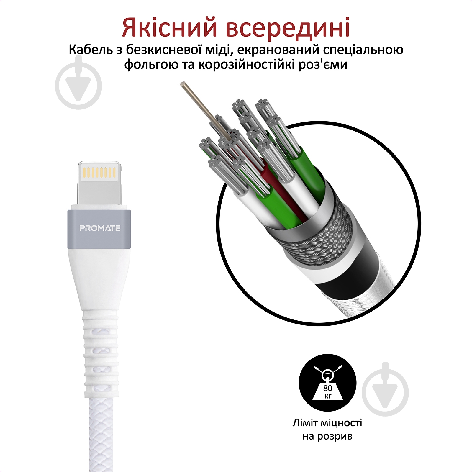 Кабель Promate Vigoray-I USB-Lightning 2А 1,2 м белый (vigoray-i.white) - фото 3