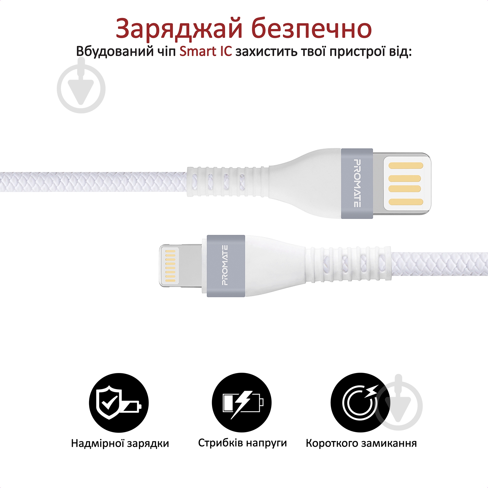 Кабель Promate Vigoray-I USB-Lightning 2А 1,2 м белый (vigoray-i.white) - фото 5