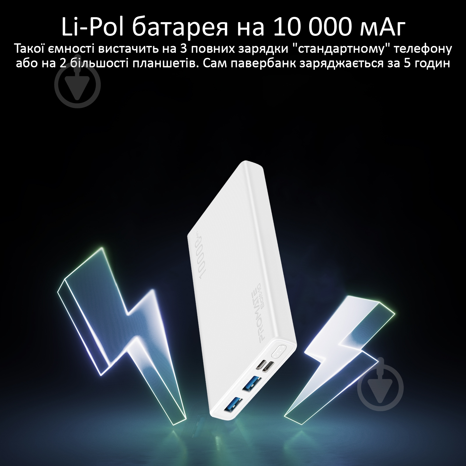 Повербанк Promate 10Вт 2xUSB 10000 mAh (bolt-10.white) - фото 3