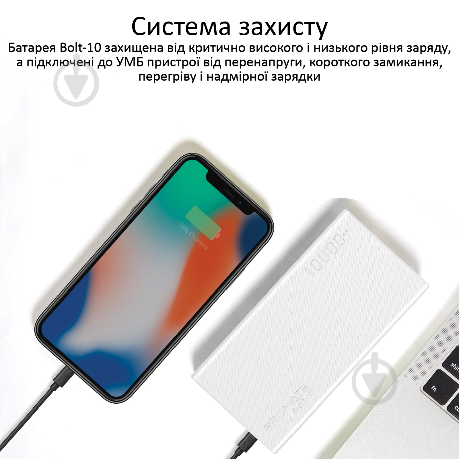 Повербанк Promate 10Вт 2xUSB 10000 mAh (bolt-10.white) - фото 6
