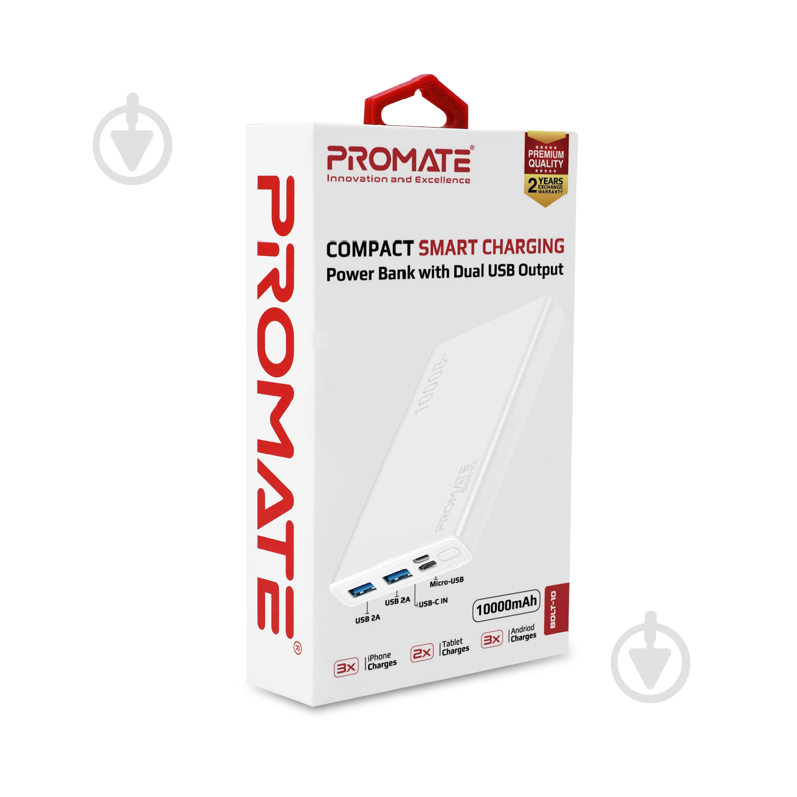 Повербанк Promate 10Вт 2xUSB 10000 mAh (bolt-10.white) - фото 7