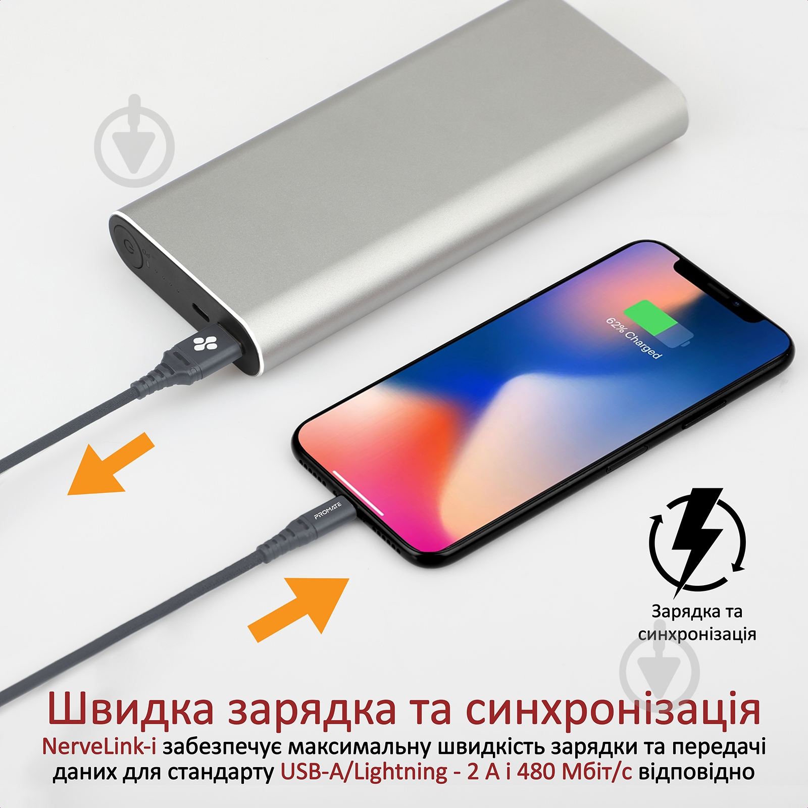 Кабель Promate NerveLink-I USB-Lightning 2.4А 1,2 м сірий (nervelink-i.grey) - фото 2