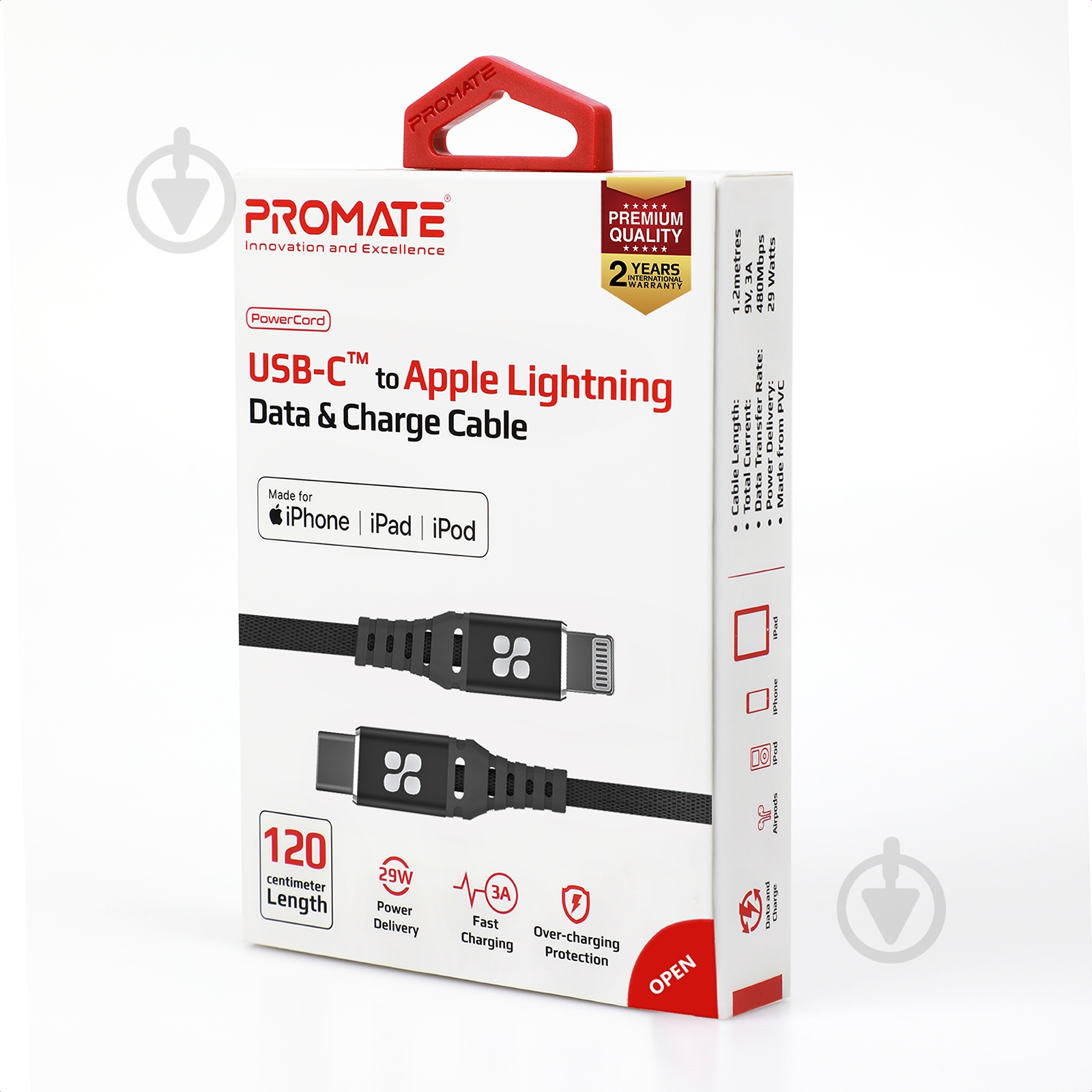 Кабель Promate PowerCord Type-C - Lightning 1,2 м черный (powercord.black) - фото 7 Кабель Promate PowerCord Type-C - Lightning 1,2 м черный (powercord.black) - фото 7