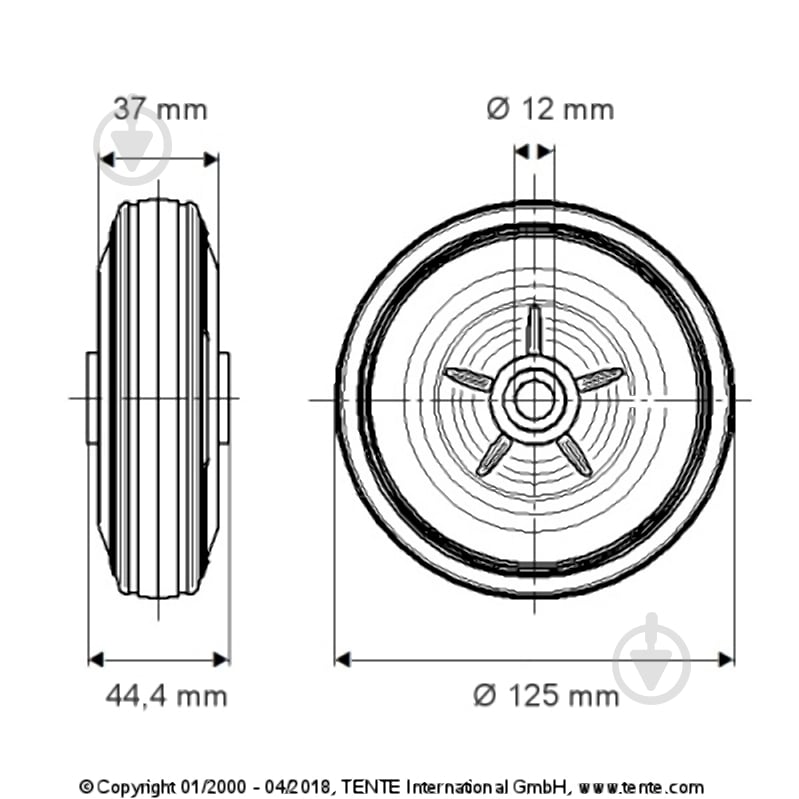 Колесо TENTE d125 мм DVR 125X37-12 гумове - фото 2