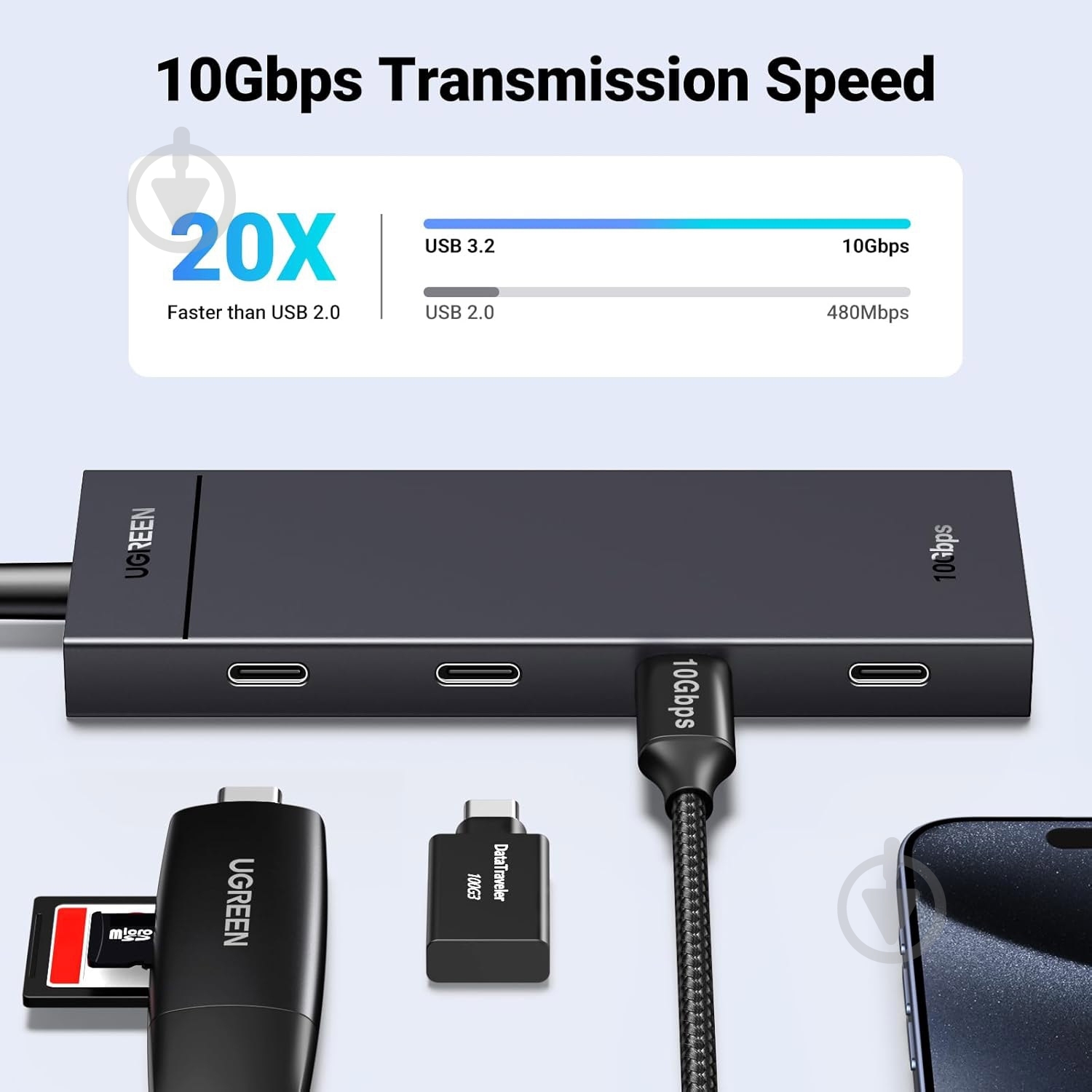 USB-хаб UGREEN Gen2 10Gbps черный CM806 - фото 4