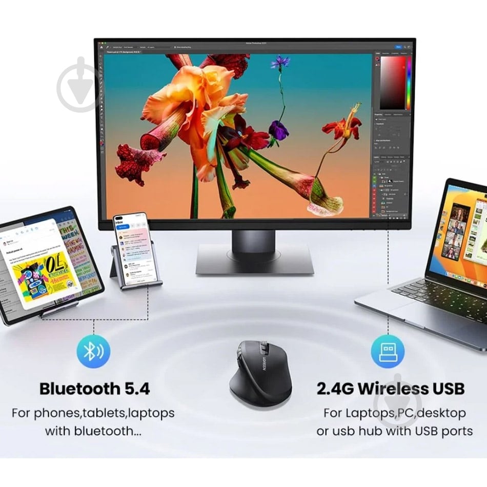 Мышь UGREEN 2.4GHz&BT M751 Ergonomic Contoured-Shape black (45792) - фото 5