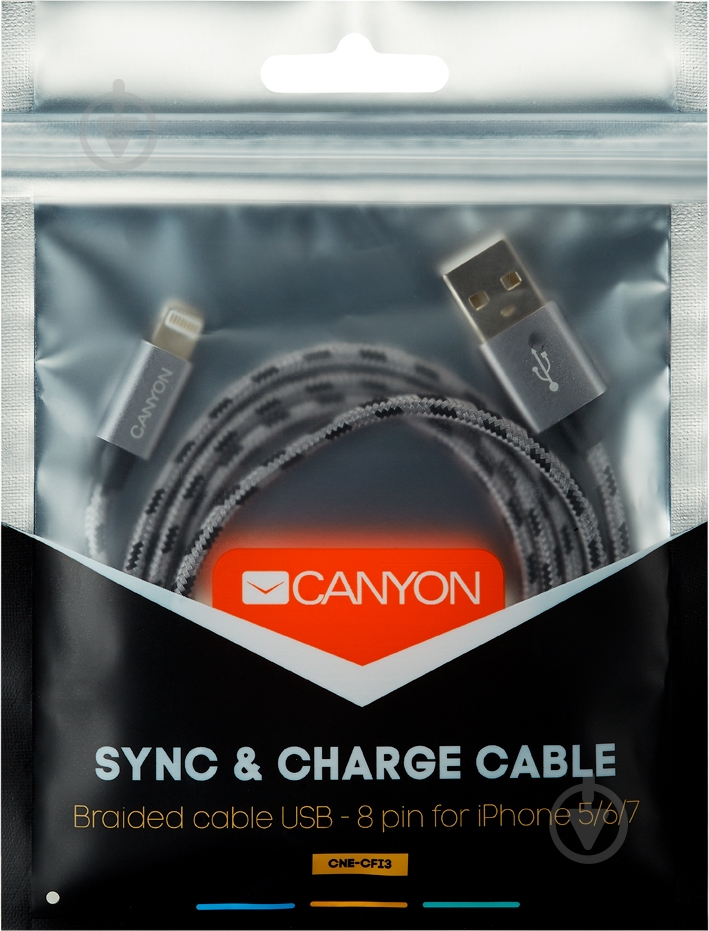 Кабель Canyon Lightning – USB 1 м сірий (CNE-CFI3DG) - фото 2 Кабель Canyon Lightning – USB 1 м сірий (CNE-CFI3DG) - фото 2