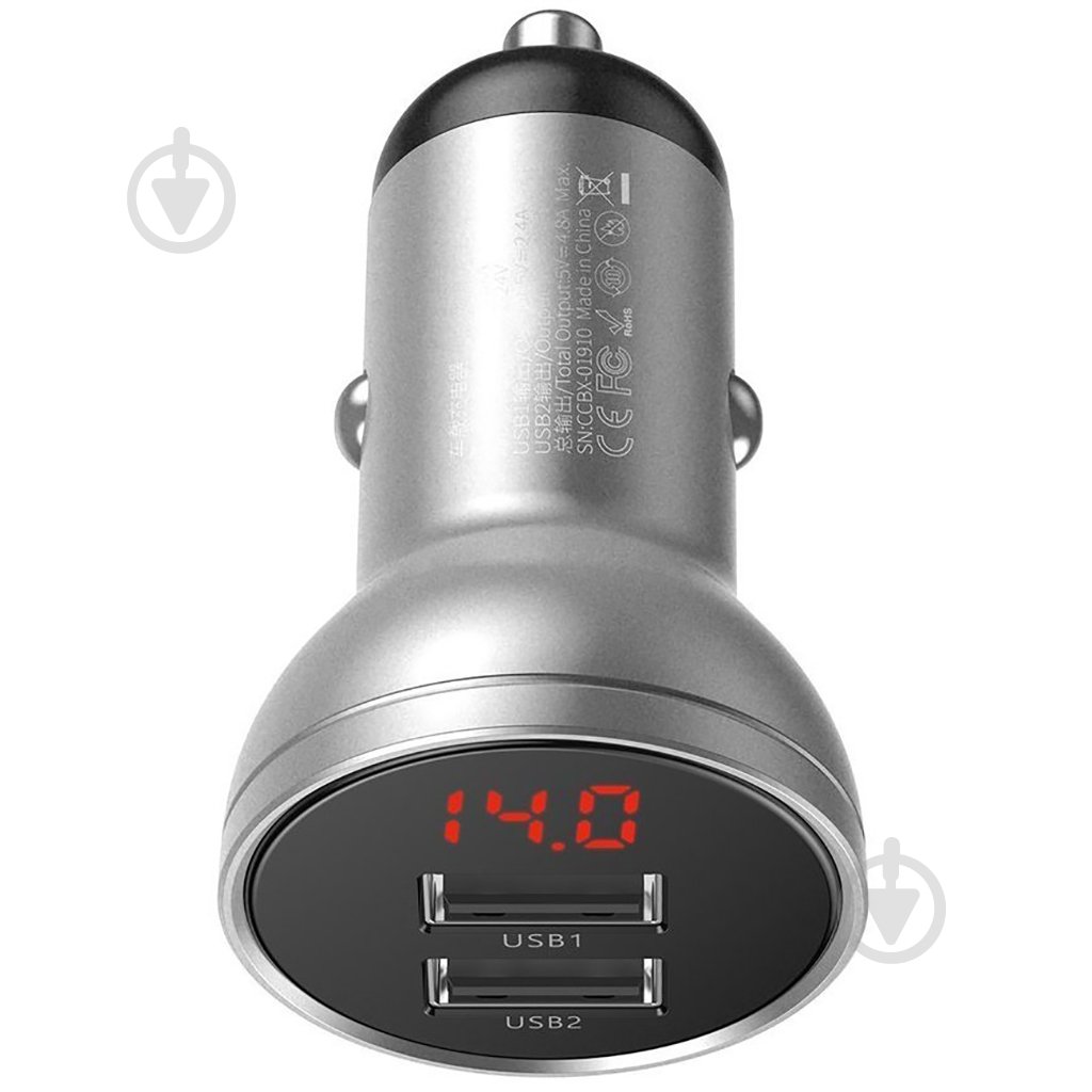 Автомобильное зарядное устройство BASEUS Digital Display Dual USB 4.8A Car Charger 24W Silver - фото 1 Автомобильное зарядное устройство BASEUS Digital Display Dual USB 4.8A Car Charger 24W Silver - фото 1