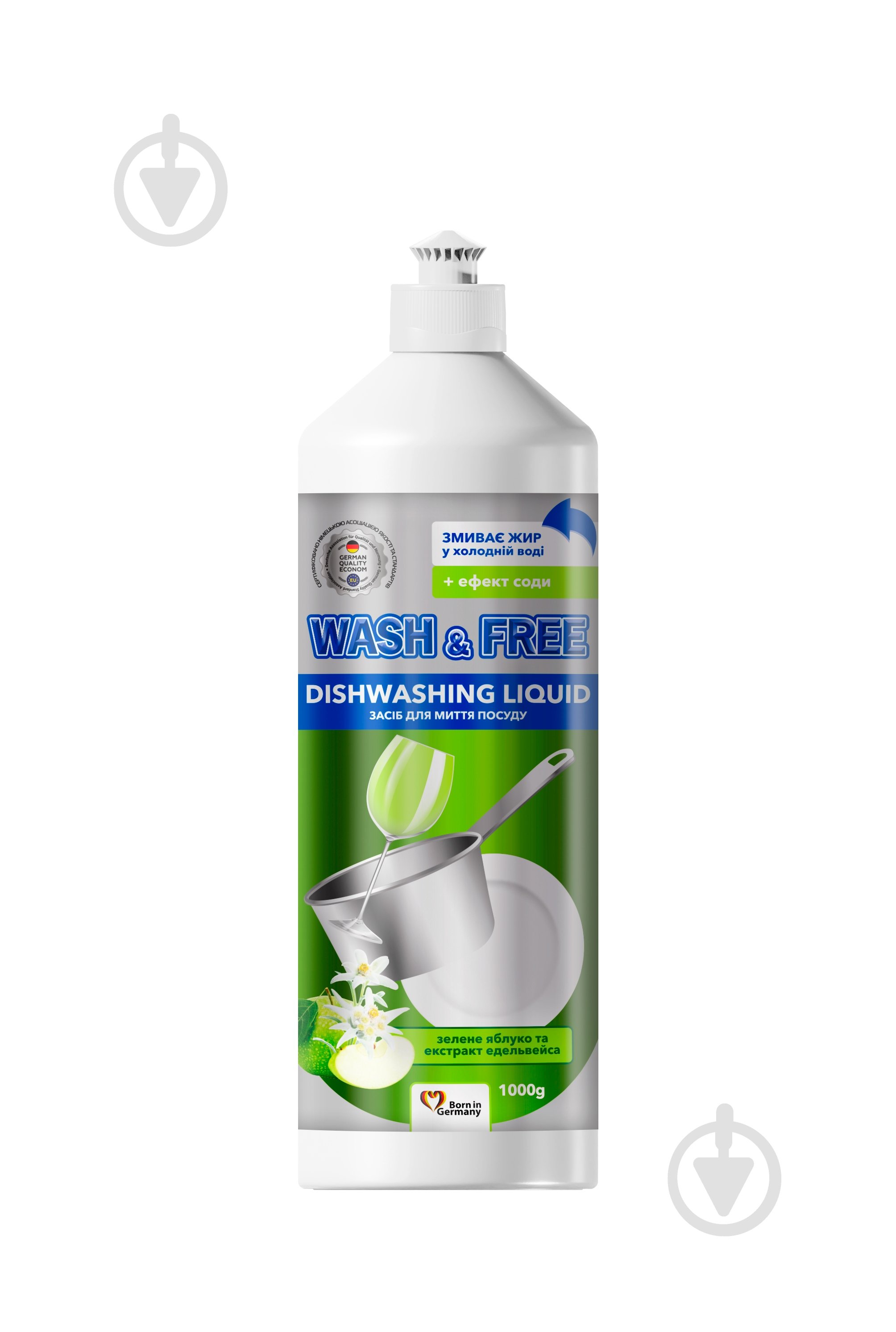 Рідина для ручного миття посуду Wash&Free Екстракт зеленого яблука і едельвейса 1 л - фото 1 Рідина для ручного миття посуду Wash&Free Екстракт зеленого яблука і едельвейса 1 л - фото 1