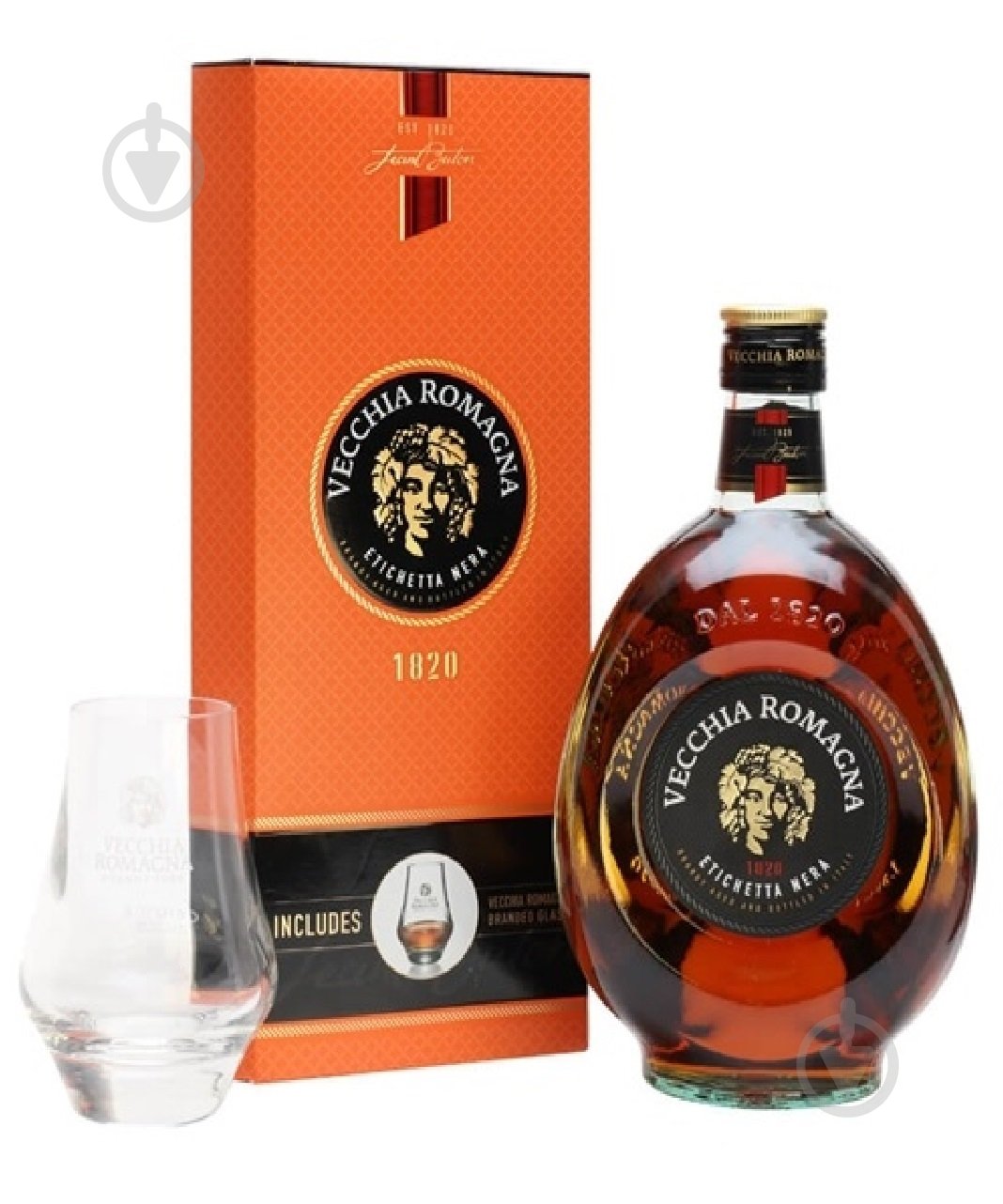 Бренди Vecchia Romagna Etichetta Nera подарочная коробка + бокал 0,7 л - фото 1