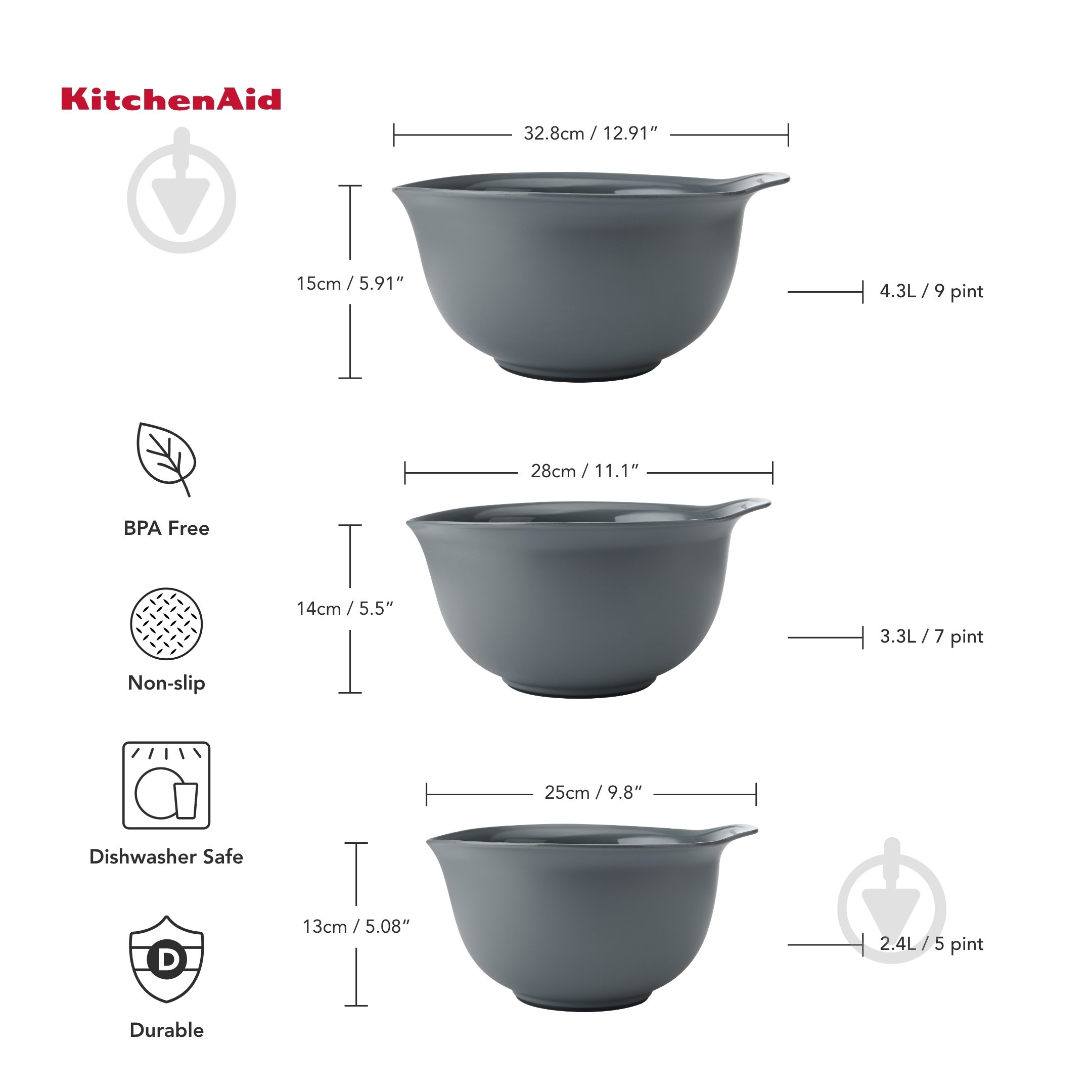 Набор мисок KitchenAid Coreline, 3шт, 2,4/3,3/4,3л, серый (KQG175OSCGG) - фото 4 Набор мисок KitchenAid Coreline, 3шт, 2,4/3,3/4,3л, серый (KQG175OSCGG) - фото 4