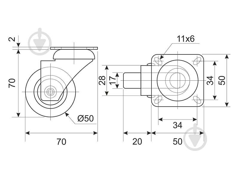 Колесо поворотное DC d 50 мм резиновое с площадкой - фото 3