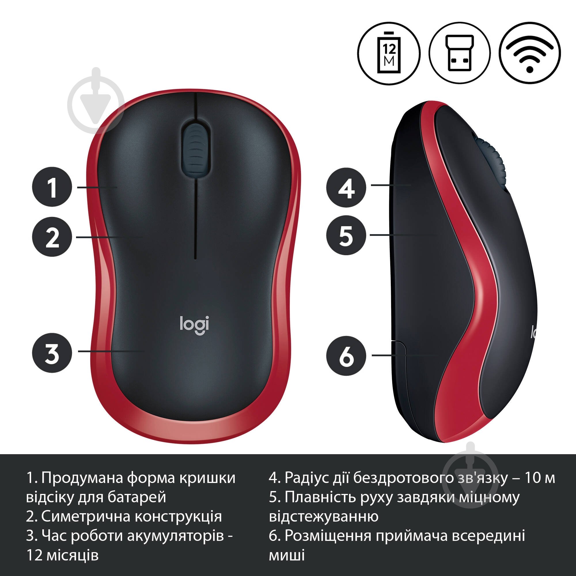 Мишка Logitech Wireless Mouse M185 black/red (910-002240) - фото 4
