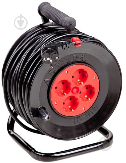 Удлинитель на катушке Леміра с заземлением 4 гн. черный с красным 30 м У16-01-01 3х1,5 - фото 1