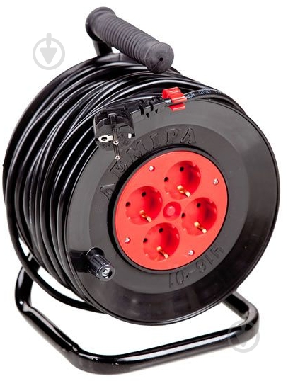 Удлинитель на катушке Леміра без заземления 4 гн. черный с красным 30 м У16-01 2х2,5 - фото 1 Удлинитель на катушке Леміра без заземления 4 гн. черный с красным 30 м У16-01 2х2,5 - фото 1