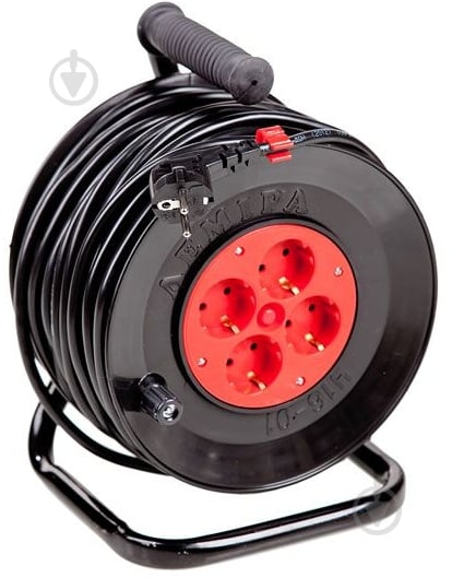 Удлинитель на катушке Леміра с заземлением 4 гн. черный с красным 20 м У16-01-01 3х1,5 - фото 1 Удлинитель на катушке Леміра с заземлением 4 гн. черный с красным 20 м У16-01-01 3х1,5 - фото 1
