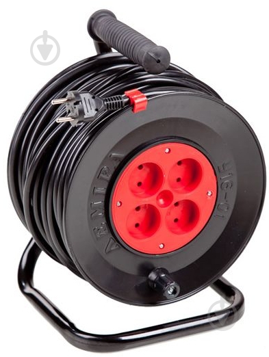 Удлинитель на катушке Леміра без заземления 4 гн. черный с красным 25 м У16-01 2х1,5 - фото 1