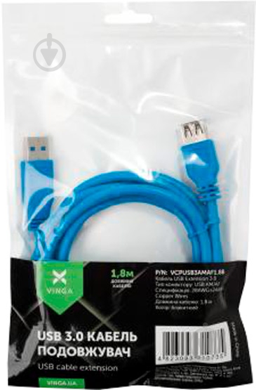 Дата-кабель Vinga USB 2.0 AM/AF 1,8 м Blue (VCPUSB3AMAF1.8B) - фото 3