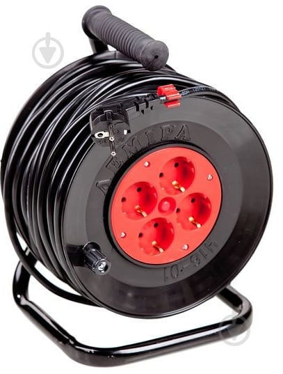 Удлинитель на катушке Леміра без заземления 4 гн. черный с красным 25 м У16-01 2х2,5 - фото 1