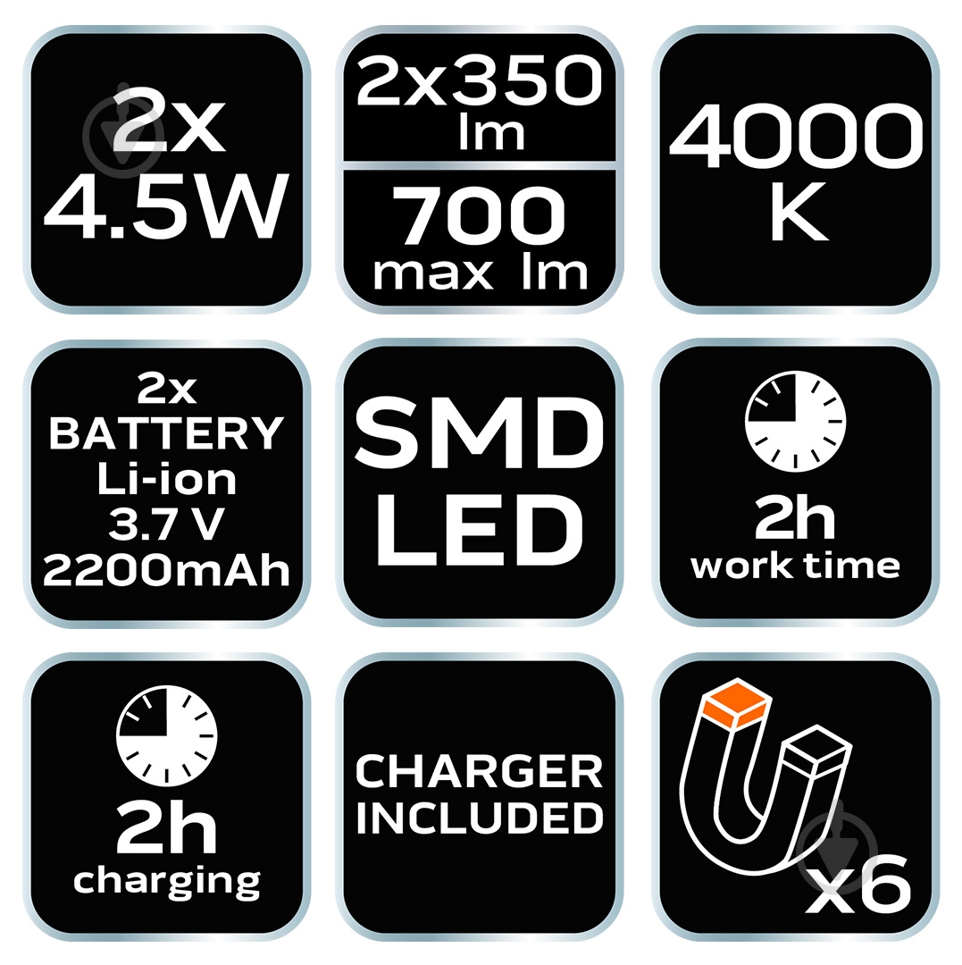 Фонарь NEO tools инспекционный 2х350 люмен, 2х45 Вт, USB, 2х2200 мАч, 3.7 Li-ion, SMD LED, 6 магнитов в подставке (99-047) 700 Lm черный 99-047 - фото 8