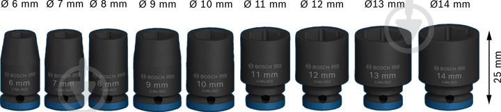 Набір головок 1/2" 25 мм Bosch PRO Standart 9 шт. 2608003034 - фото 3 Набір головок 1/2" 25 мм Bosch PRO Standart 9 шт. 2608003034 - фото 3