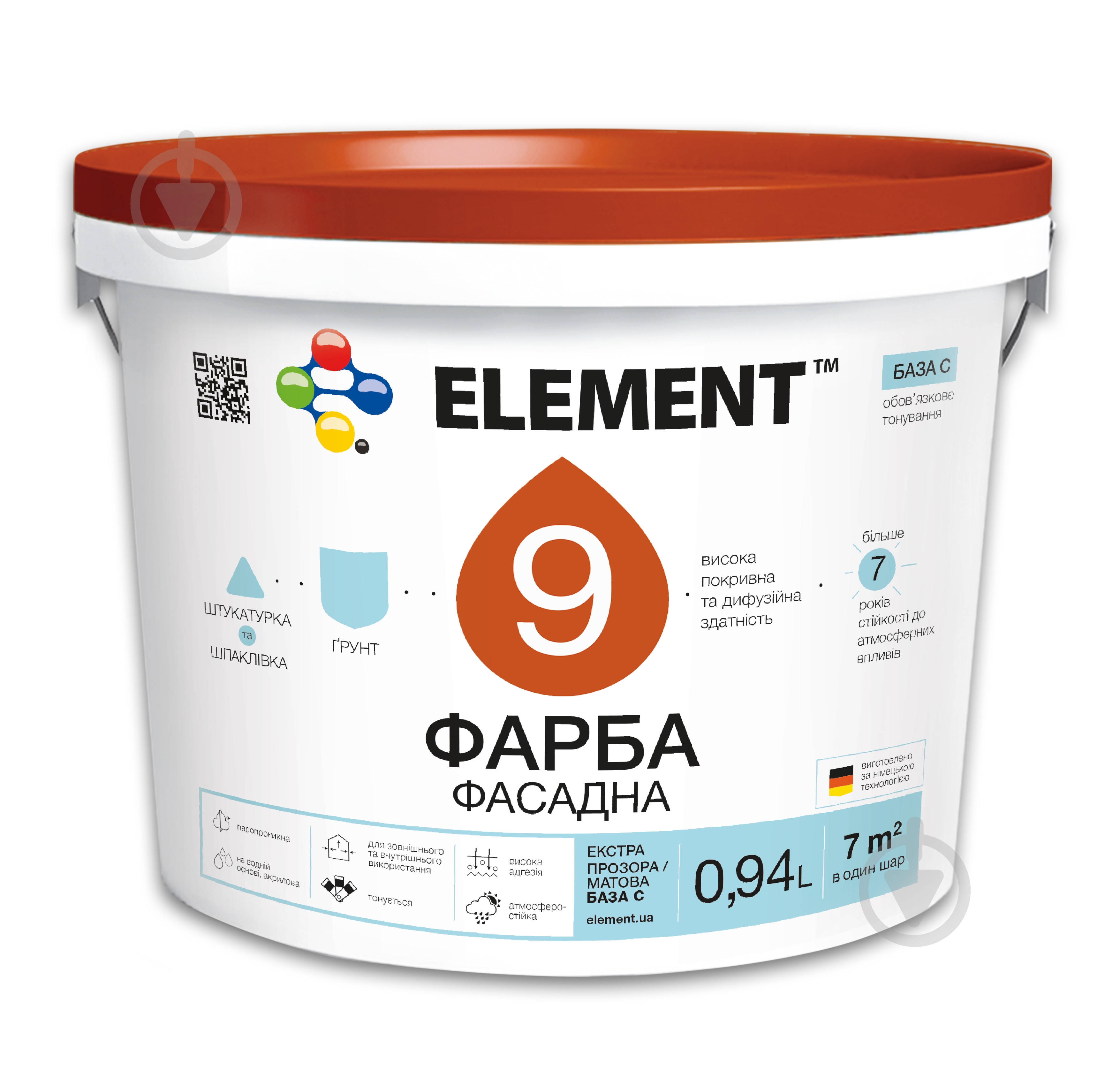 Краска акриловая водоэмульсионная Element 9 база С мат база под тонировку 0,94 л - фото 1
