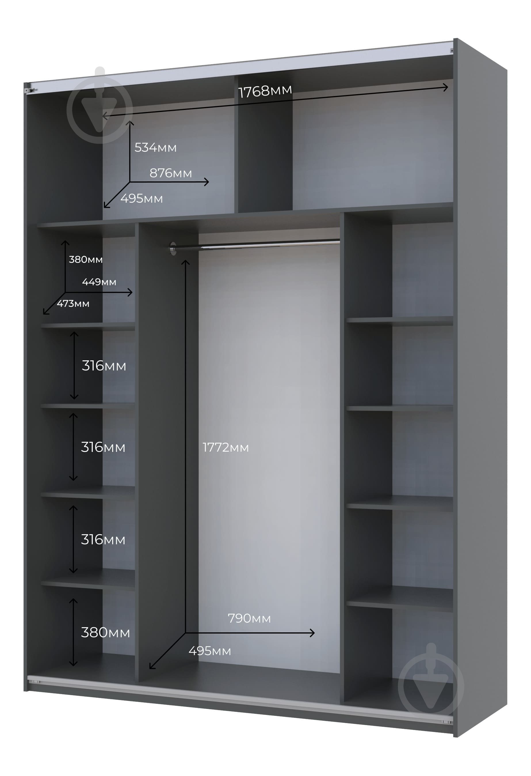 Шкаф-купе Doros G-Caiser Графит 2 Зеркала 2400х1800х600 мм графит - фото 5 Шкаф-купе Doros G-Caiser Графит 2 Зеркала 2400х1800х600 мм графит - фото 5