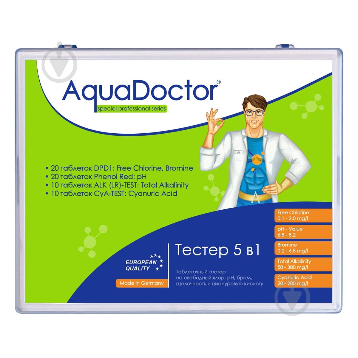 Тестер 4 в 1 на pH/CL/Cy/Alk (20 тестов) AquaDoctor - фото 1 Тестер 4 в 1 на pH/CL/Cy/Alk (20 тестов) AquaDoctor - фото 1