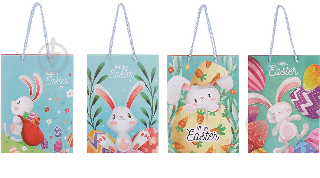 Пакет паперовий Пасхальний кролик у глітері 26х32х10 см - фото 1 Пакет паперовий Пасхальний кролик у глітері 26х32х10 см - фото 1