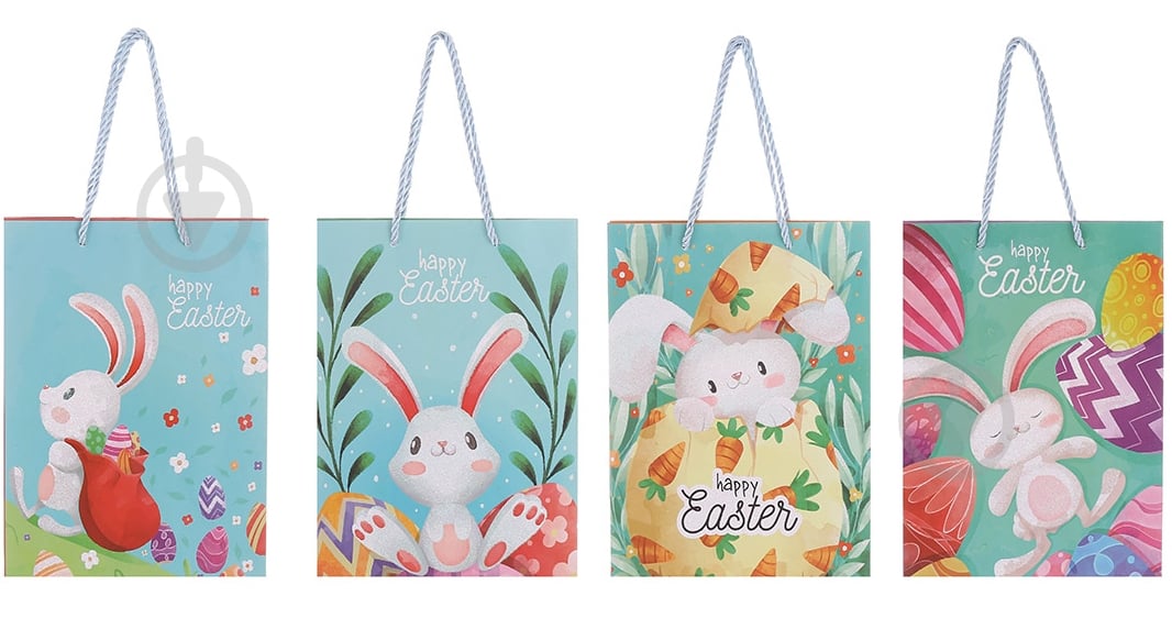 Пакет паперовий Пасхальний кролик у глітері 30х41х12 см - фото 1 Пакет паперовий Пасхальний кролик у глітері 30х41х12 см - фото 1