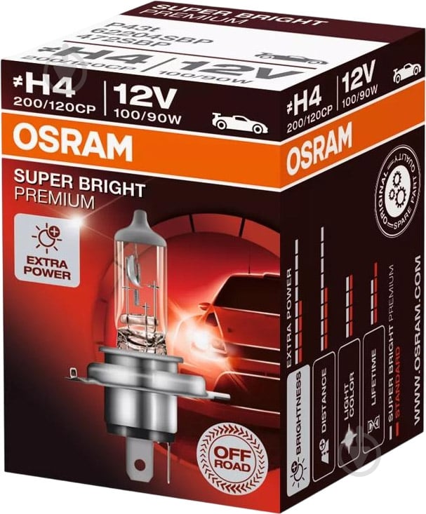 Автолампа галогенная Osram SUPER BRIGHT PREMIUM H4 100/90 Вт 1 шт. (4008321856357) - фото 2 Автолампа галогенная Osram SUPER BRIGHT PREMIUM H4 100/90 Вт 1 шт. (4008321856357) - фото 2