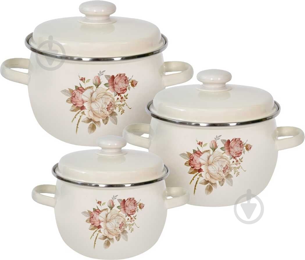 Набір каструль Idilia емальованих 2,5/3,5/5 л Троянда - фото 1