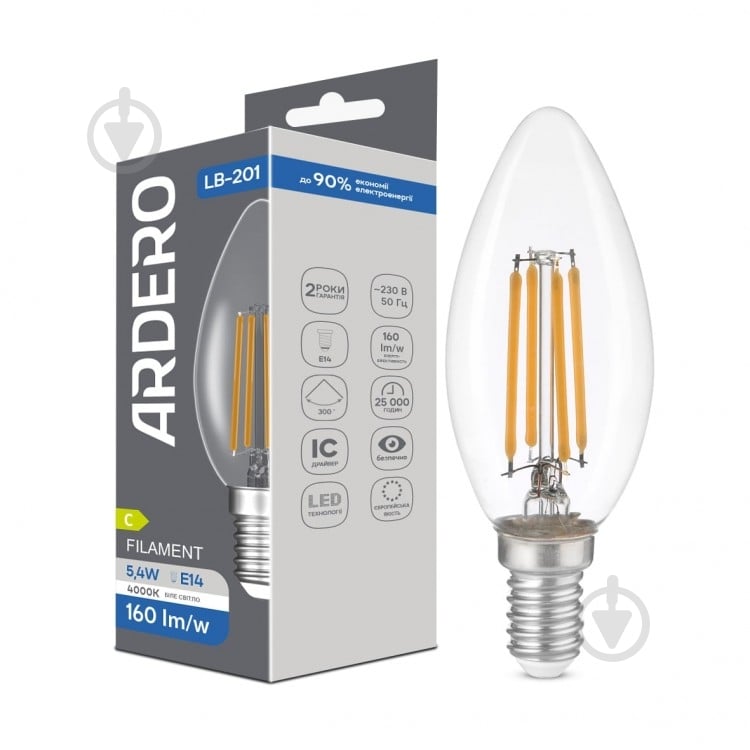 Лампа светодиодная ARDERO FILAMENT C35 5,4 Вт E14 4000 К прозрачная 80847 - фото 1 Лампа светодиодная ARDERO FILAMENT C35 5,4 Вт E14 4000 К прозрачная 80847 - фото 1