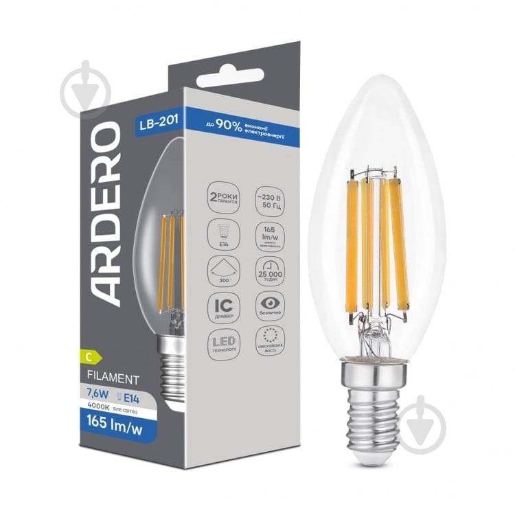 Лампа светодиодная ARDERO FILAMENT C35 7,6 Вт E14 4000 К прозрачная 80848 - фото 1 Лампа светодиодная ARDERO FILAMENT C35 7,6 Вт E14 4000 К прозрачная 80848 - фото 1