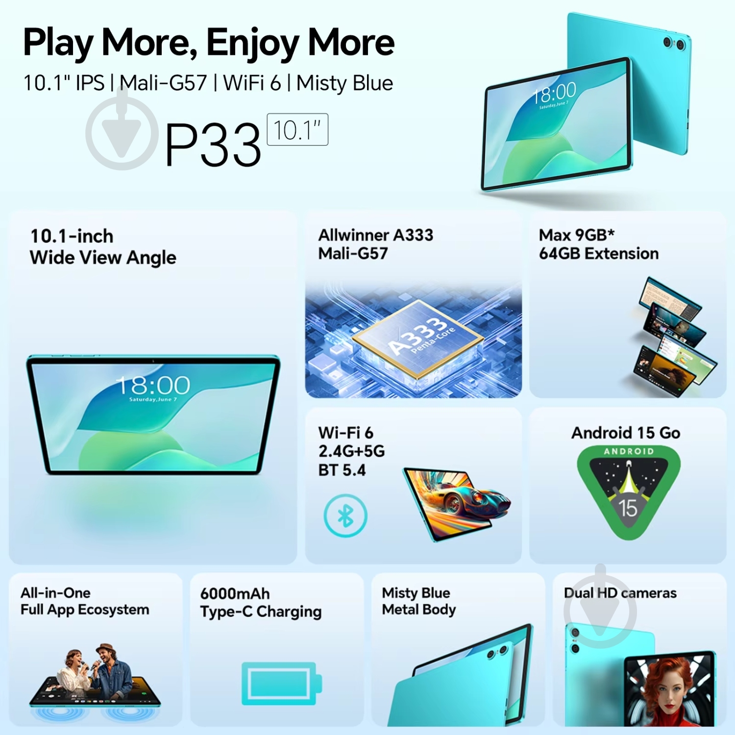 Планшет Teclast P33 10,1" 3/64GB Wi-Fi blue (P33) - фото 6 Планшет Teclast P33 10,1" 3/64GB Wi-Fi blue (P33) - фото 6