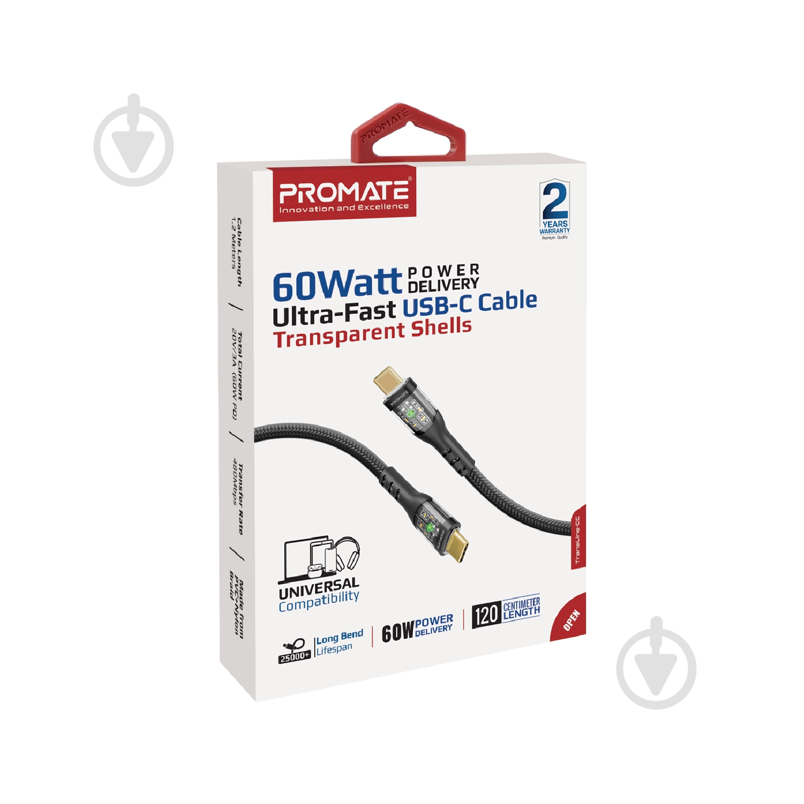 Кабель Promate TransLine-CC USB-C to USB-C 60W Power Delivery 1,2 м чорний (transline-cc.black) - фото 7