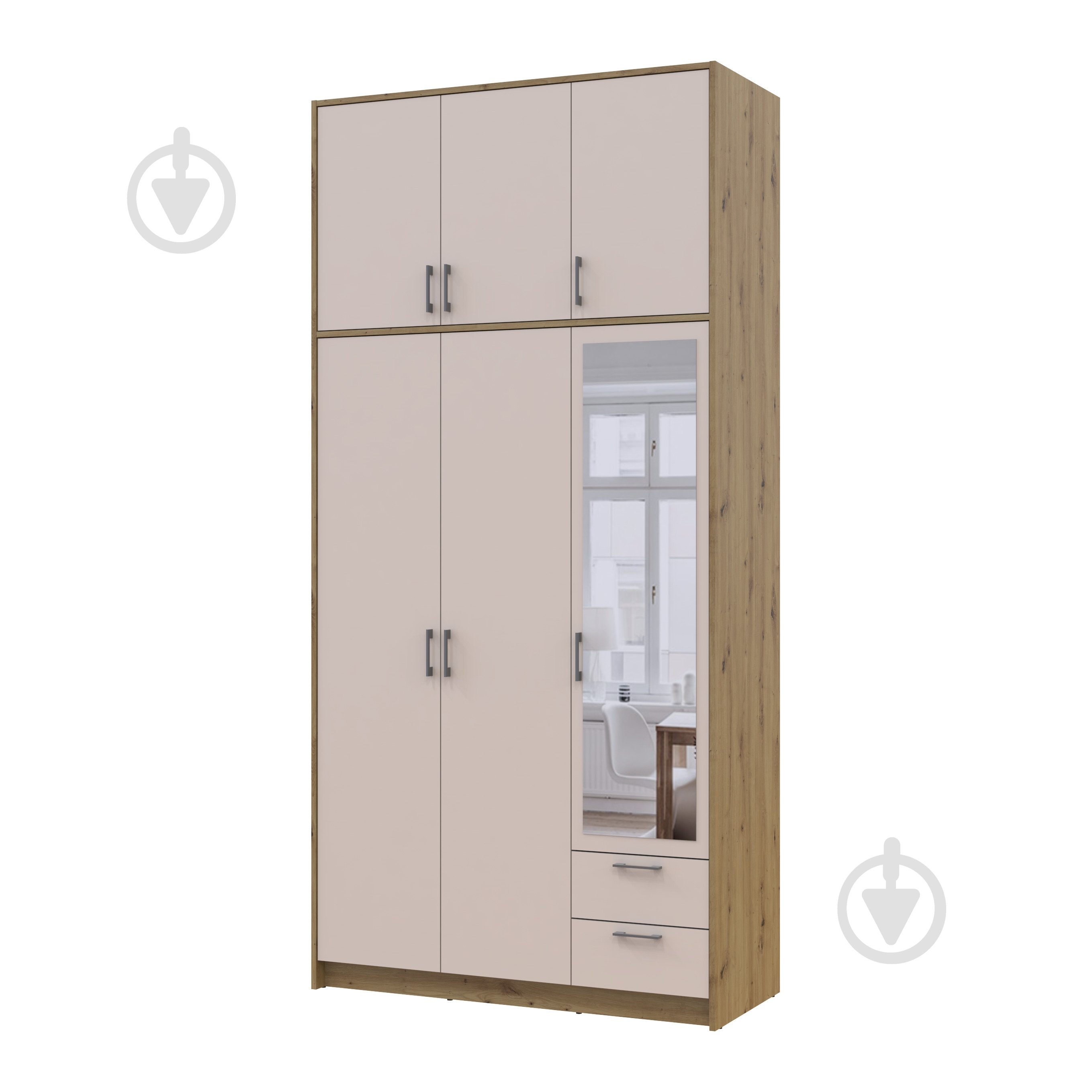 Шафа для одягу Doros Ронді з високою антресолею та дзеркалом 3ДСП 2600х1210х520 мм дуб артізан / кашемір - фото 1 Шафа для одягу Doros Ронді з високою антресолею та дзеркалом 3ДСП 2600х1210х520 мм дуб артізан / кашемір - фото 1