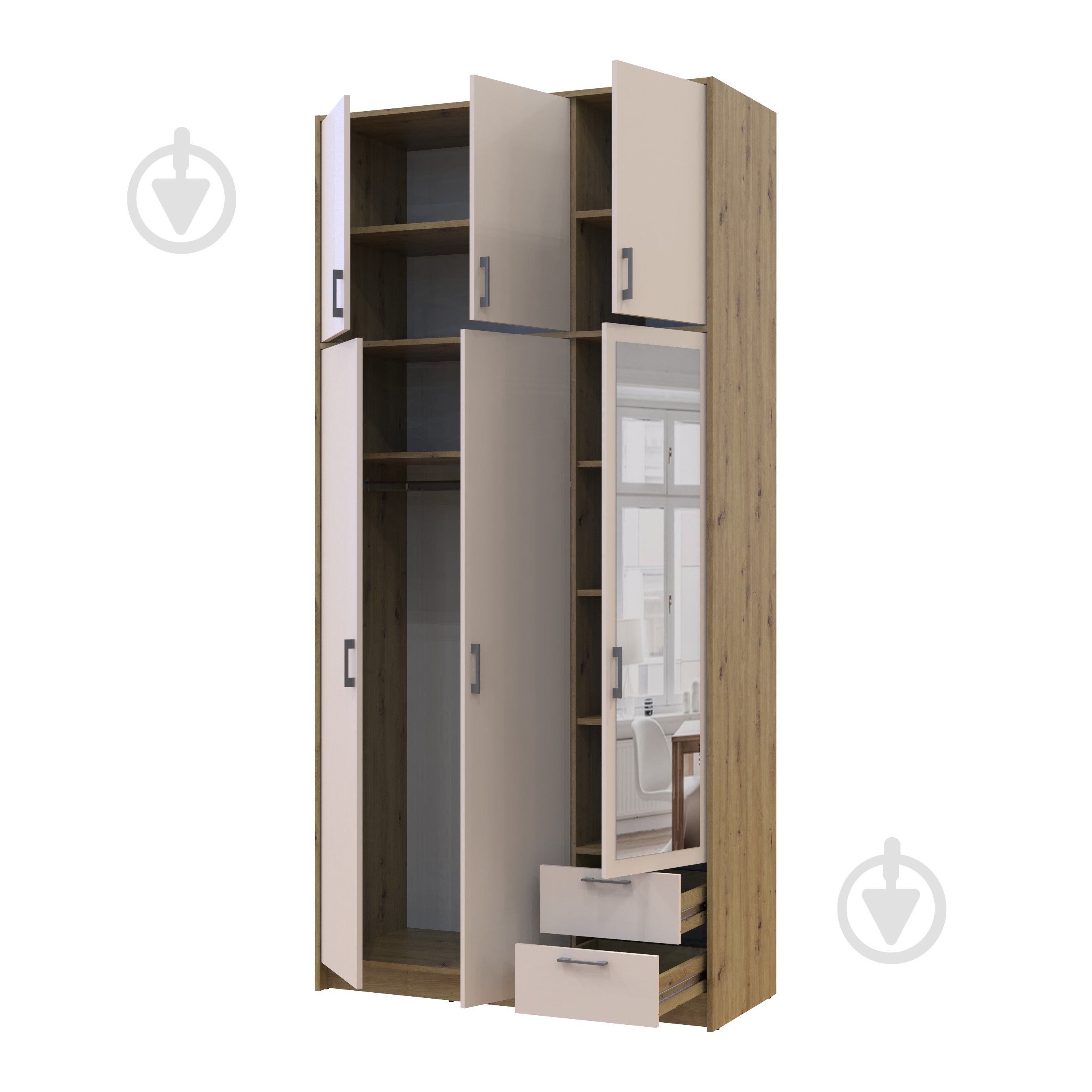 Шафа для одягу Doros Ронді з високою антресолею та дзеркалом 3ДСП 2600х1210х520 мм дуб артізан / кашемір - фото 2 Шафа для одягу Doros Ронді з високою антресолею та дзеркалом 3ДСП 2600х1210х520 мм дуб артізан / кашемір - фото 2