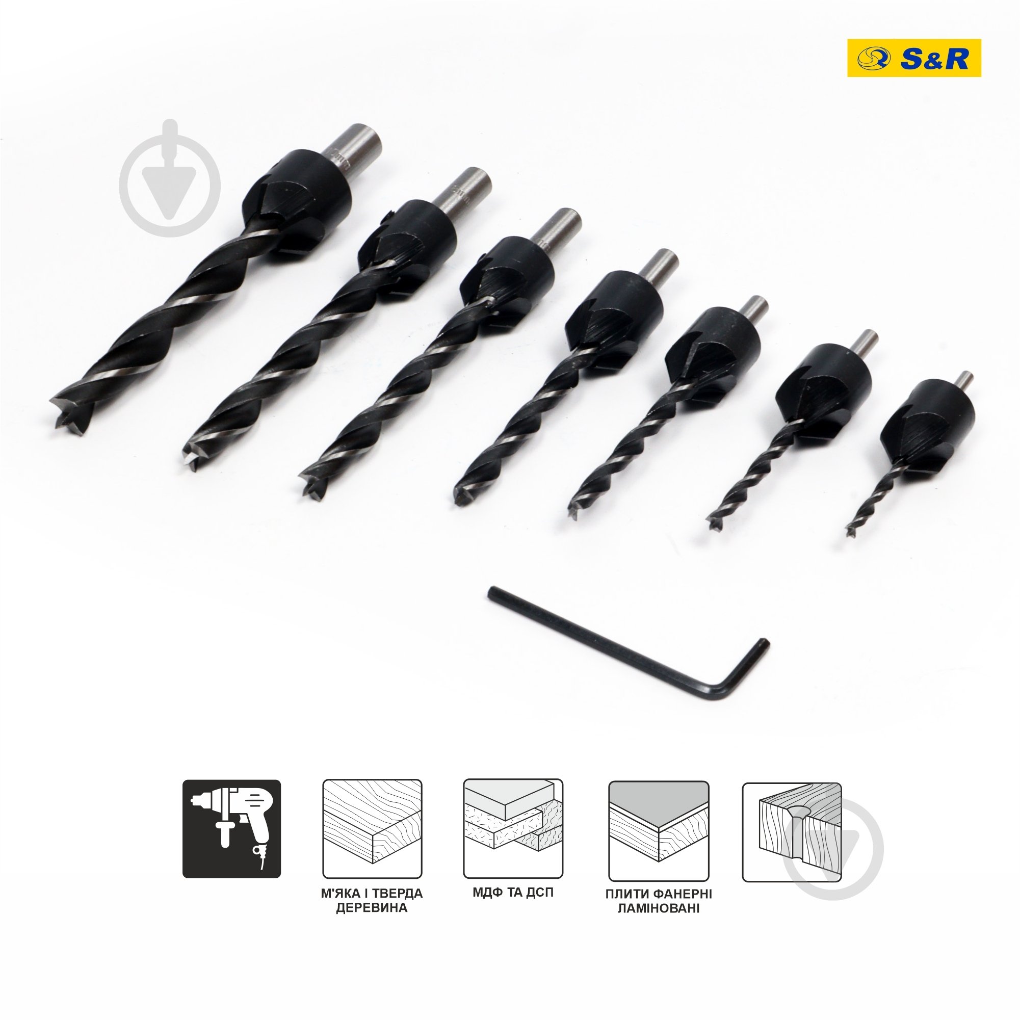 Набір свердел по дереву S&R Meister із зенкером 3-10 мм 7 шт. 216900007 - фото 3 Набір свердел по дереву S&R Meister із зенкером 3-10 мм 7 шт. 216900007 - фото 3
