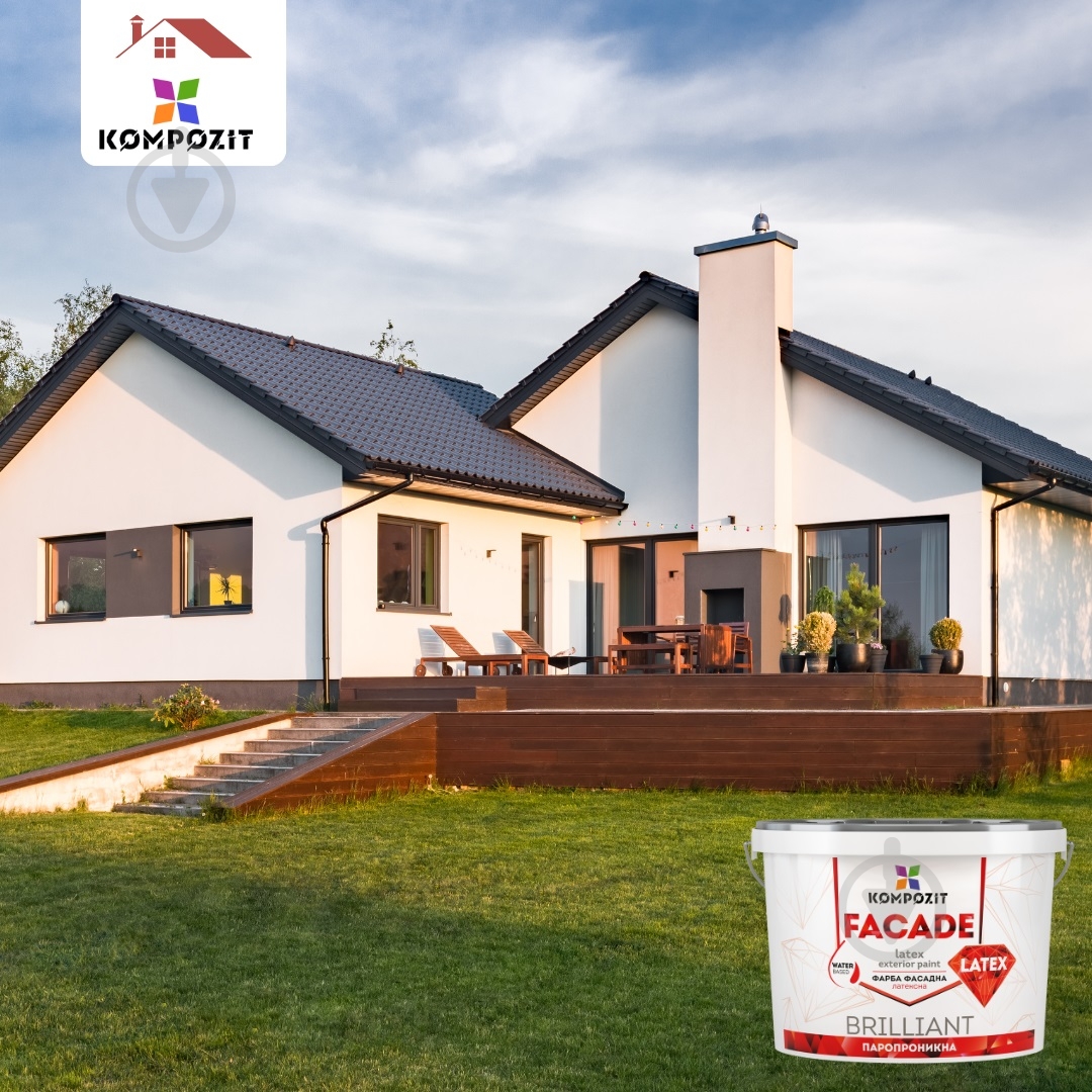 Фарба акрилова водоемульсійна Kompozit FASAD Latex мат білий 0,9 л 1,4 кг - фото 2 Фарба акрилова водоемульсійна Kompozit FASAD Latex мат білий 0,9 л 1,4 кг - фото 2