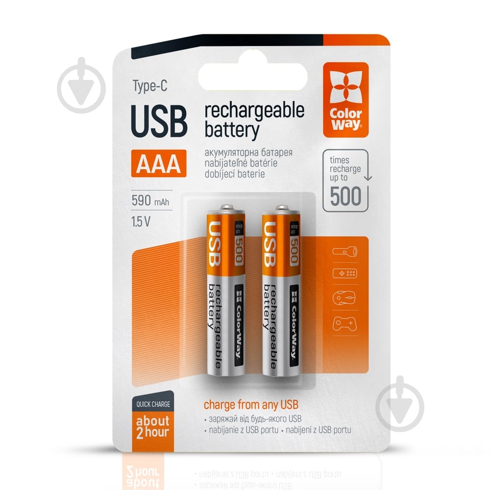 Батарея аккумуляторная ColorWay USB-С 590 мАч 1.5В AAA (мизинчиковые) 2 шт. (CW-UBAAA-09) - фото 1