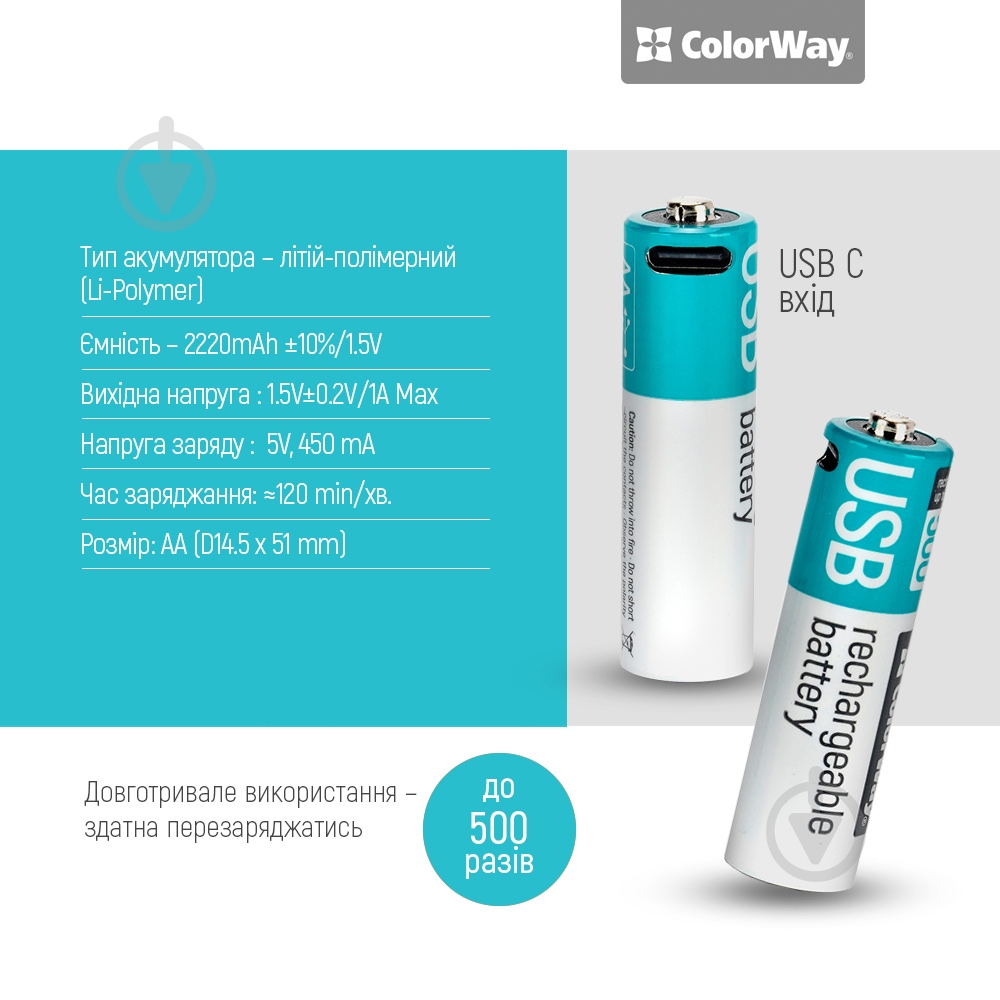 Батарея аккумуляторная ColorWay USB-С 2220 мАч 1.5В (Li-Polymer) AA (пальчиковые) 2 шт. (CW-UBAA-10) - фото 6