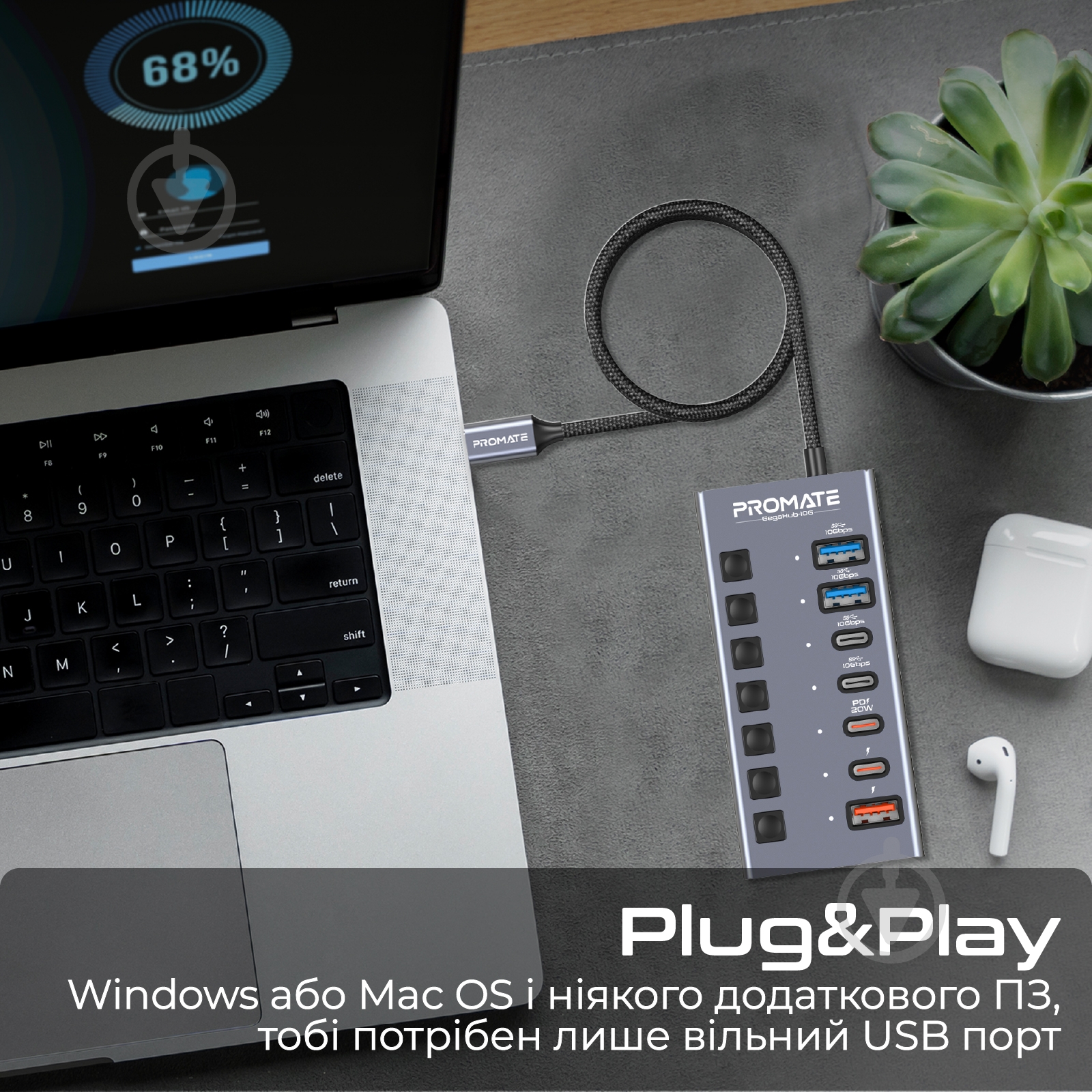 USB-хаб Promate 7-в-1 Gegahub-10G Grey - фото 5 USB-хаб Promate 7-в-1 Gegahub-10G Grey - фото 5