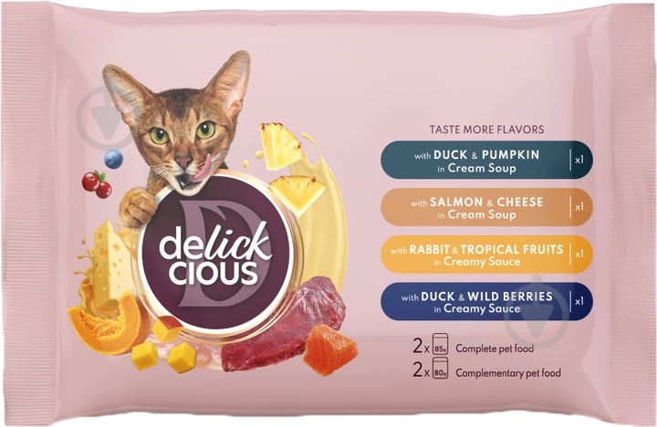 Корм вологий для котів DELICKCIOUS смужки з качкою та гарбузом в крем супі 340 г - фото 1 Корм вологий для котів DELICKCIOUS смужки з качкою та гарбузом в крем супі 340 г - фото 1